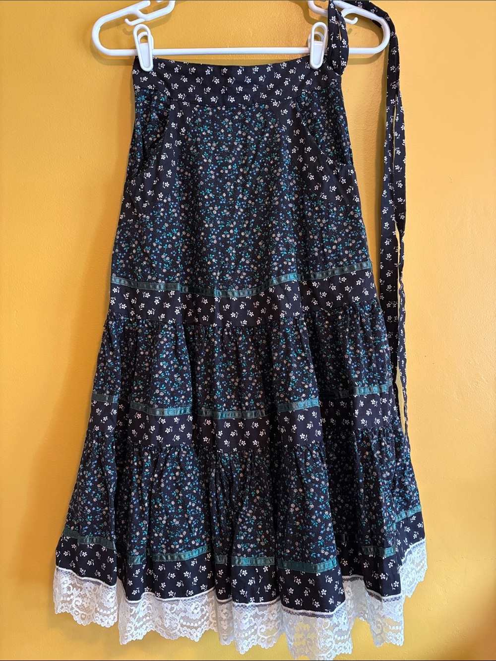 Vintage Gunnies SF Cotton Black Floral Maxi Skirt with Teal Accents and Lace Hem